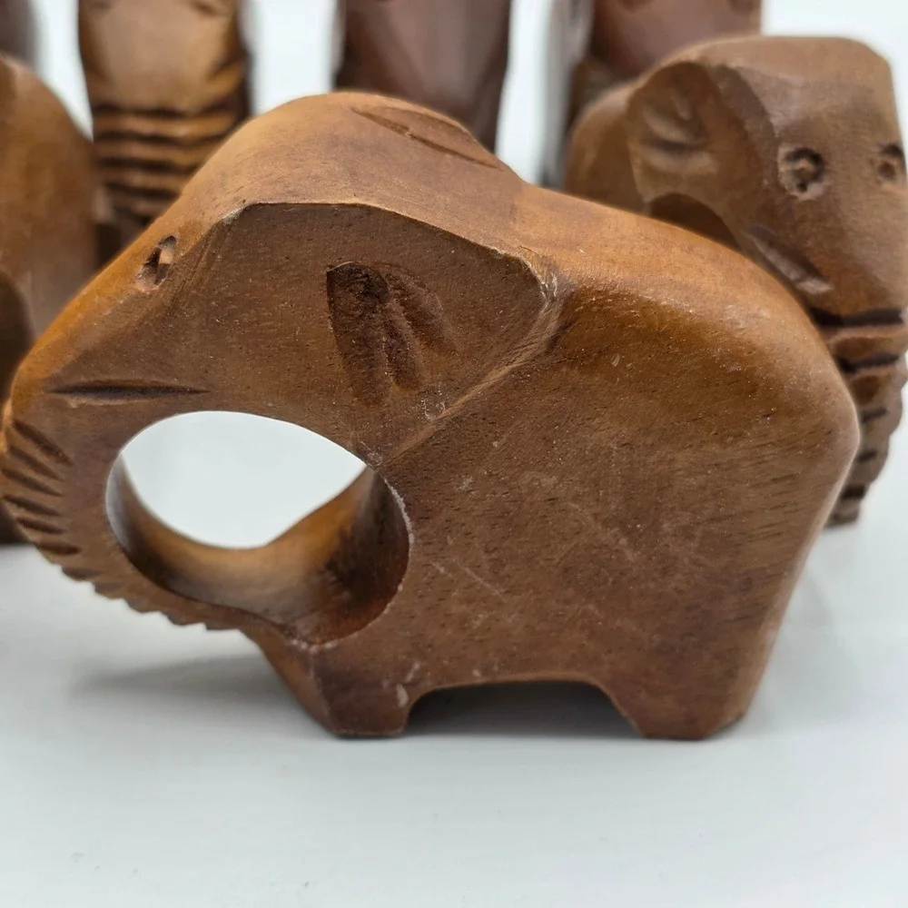 Vintage Hand Carved Wood Elephant Napkin Rings Set of 7 Philippine Brown Artisan